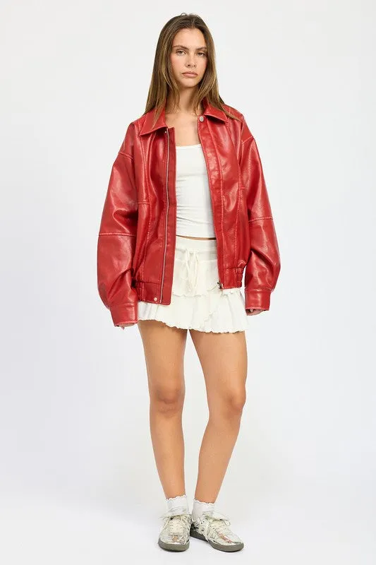 VINTAGE OVERSIZED PU BOMBER JACKET