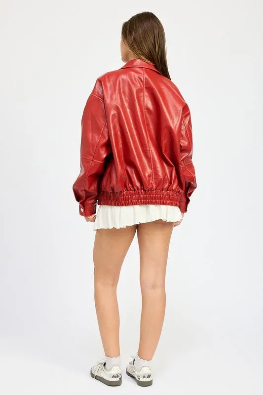 VINTAGE OVERSIZED PU BOMBER JACKET