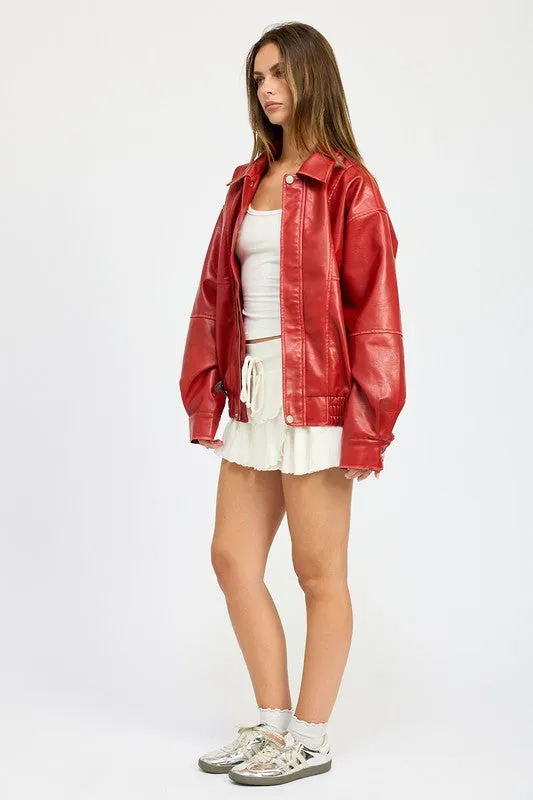 VINTAGE OVERSIZED PU BOMBER JACKET