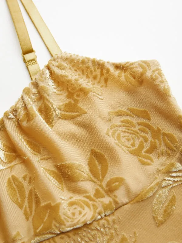 Vintage Samtblumen Jacquard Cami Top mit Schleifenverzierung