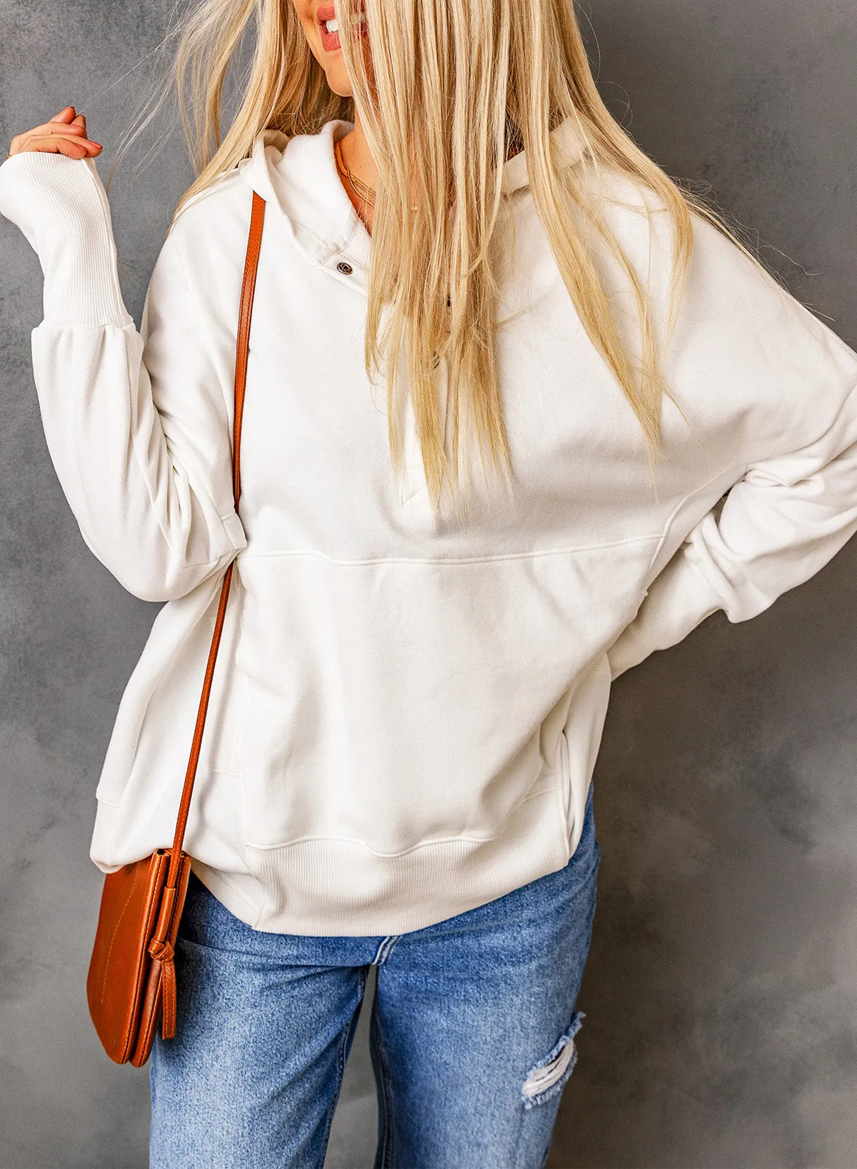 White Back Slogan & Flower Print Pocket Henley Hoodie