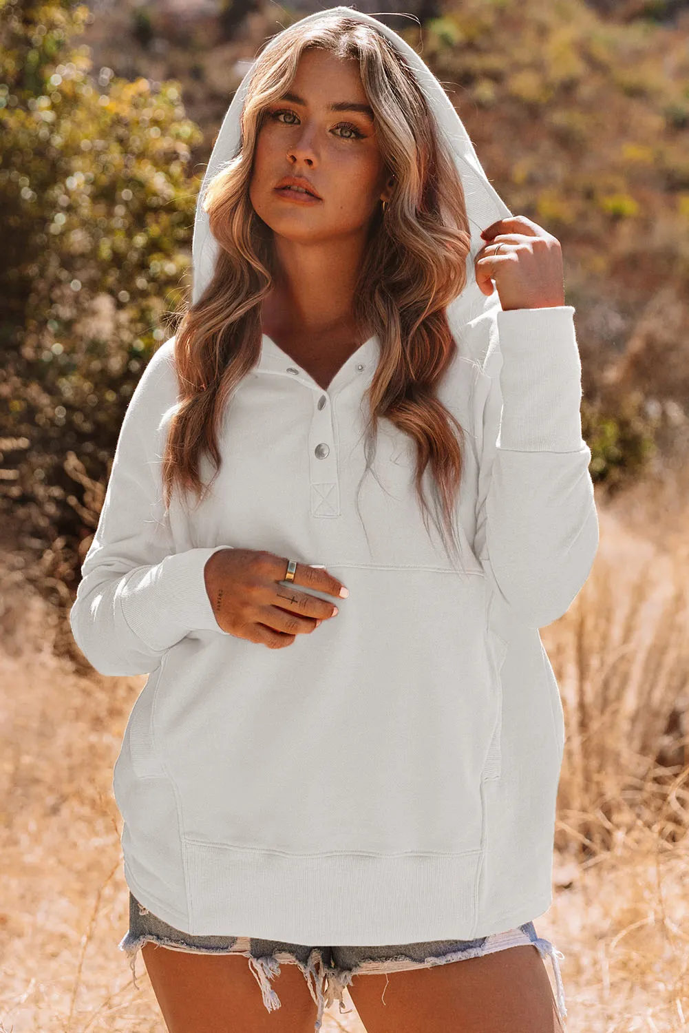White Back Slogan & Flower Print Pocket Henley Hoodie