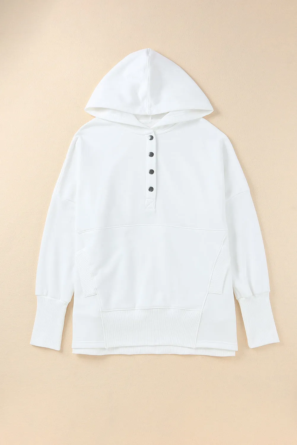 White Back Slogan & Flower Print Pocket Henley Hoodie