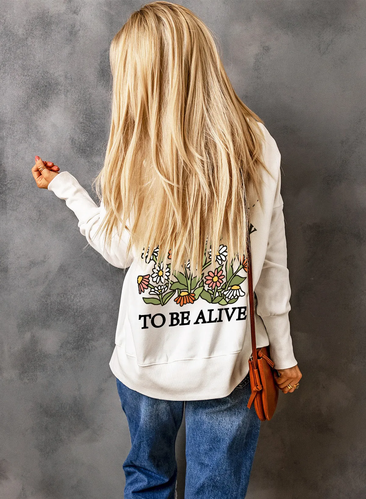 White Back Slogan & Flower Print Pocket Henley Hoodie