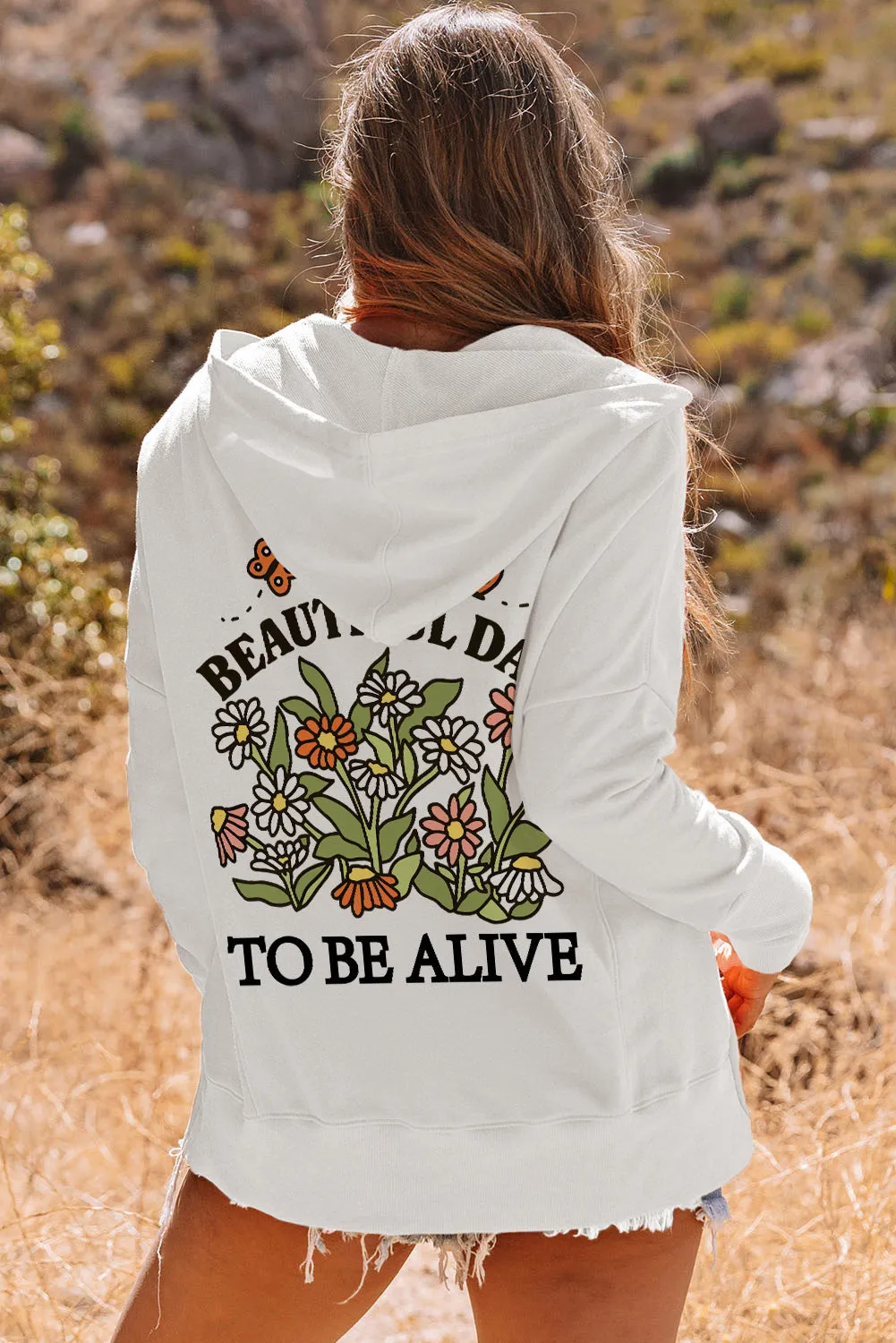White Back Slogan & Flower Print Pocket Henley Hoodie