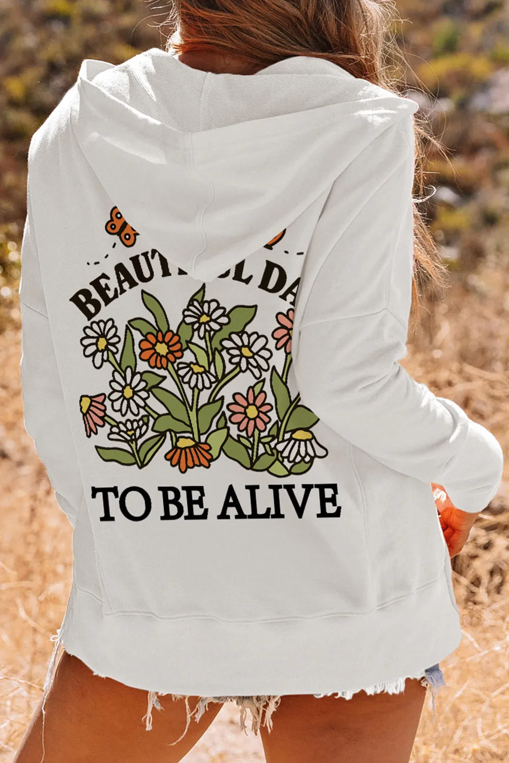 White Back Slogan & Flower Print Pocket Henley Hoodie