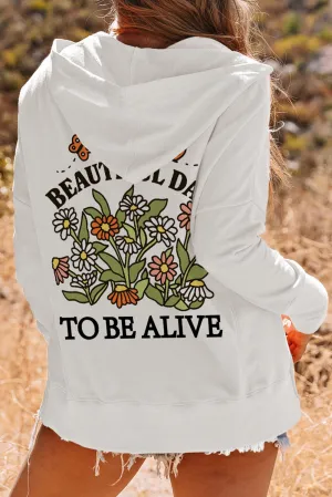 White Back Slogan & Flower Print Pocket Henley Hoodie