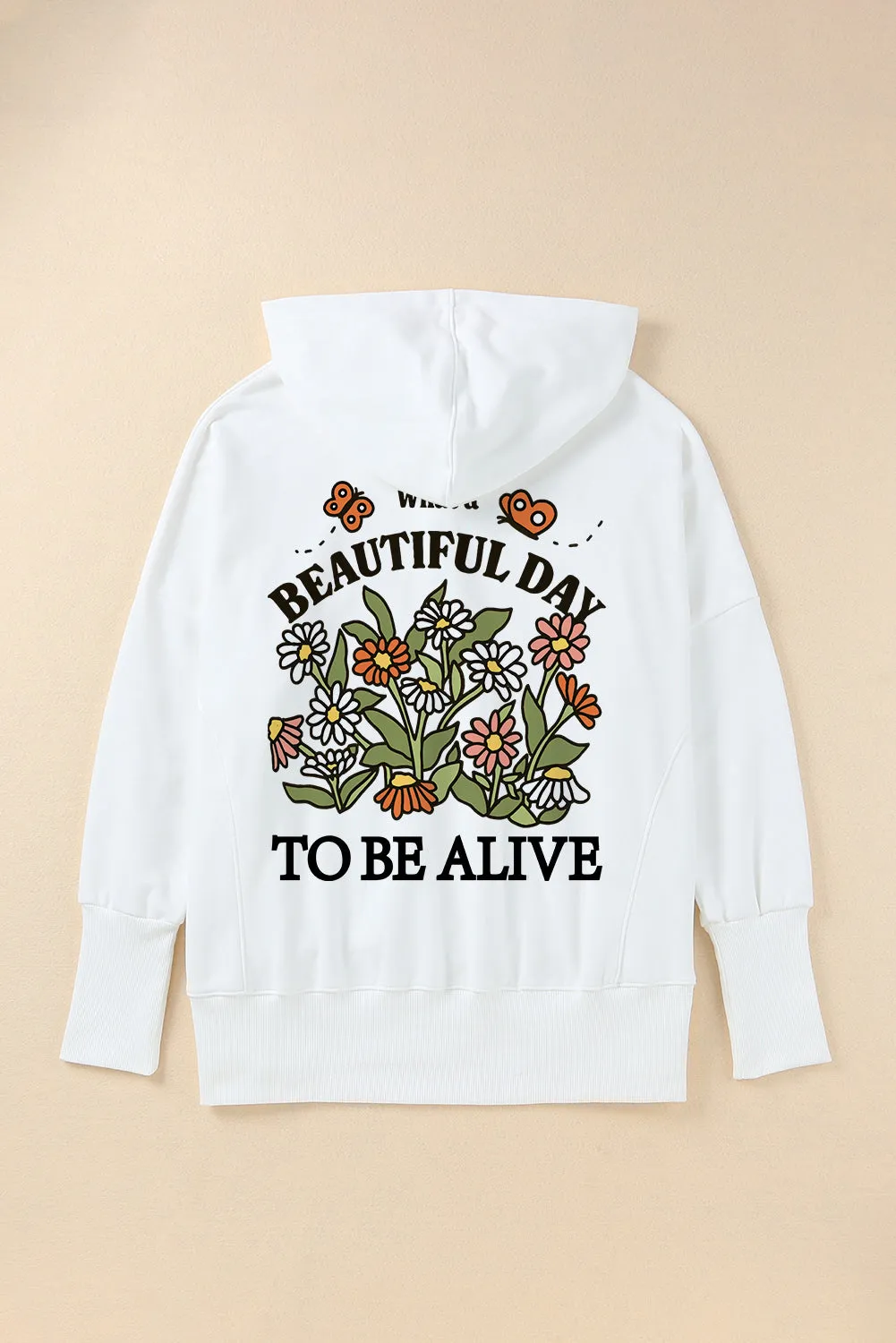 White Back Slogan & Flower Print Pocket Henley Hoodie