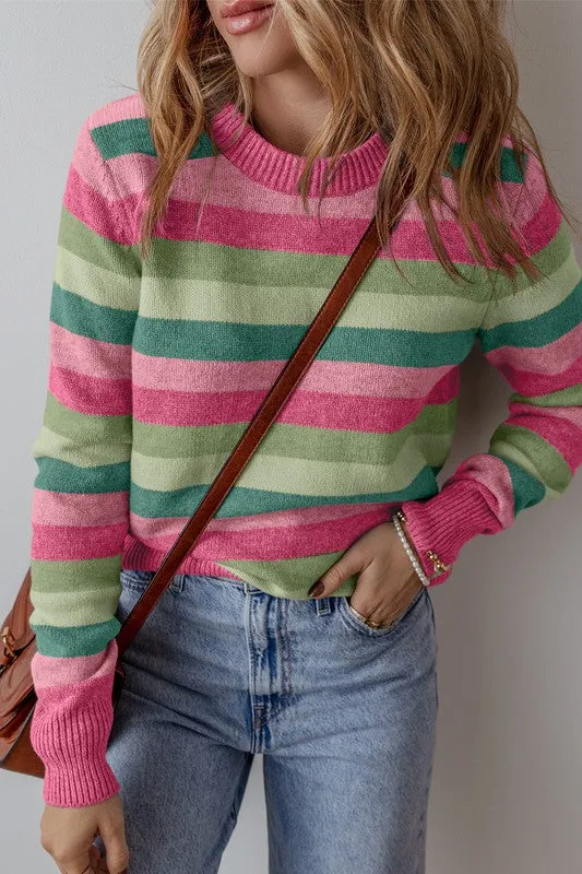 Women Color Block Ribbed Edge Round Neck Sweater