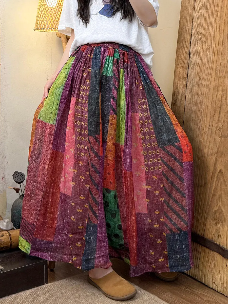 Women Summer Vinage Patchwork Ramie Loose Skirt