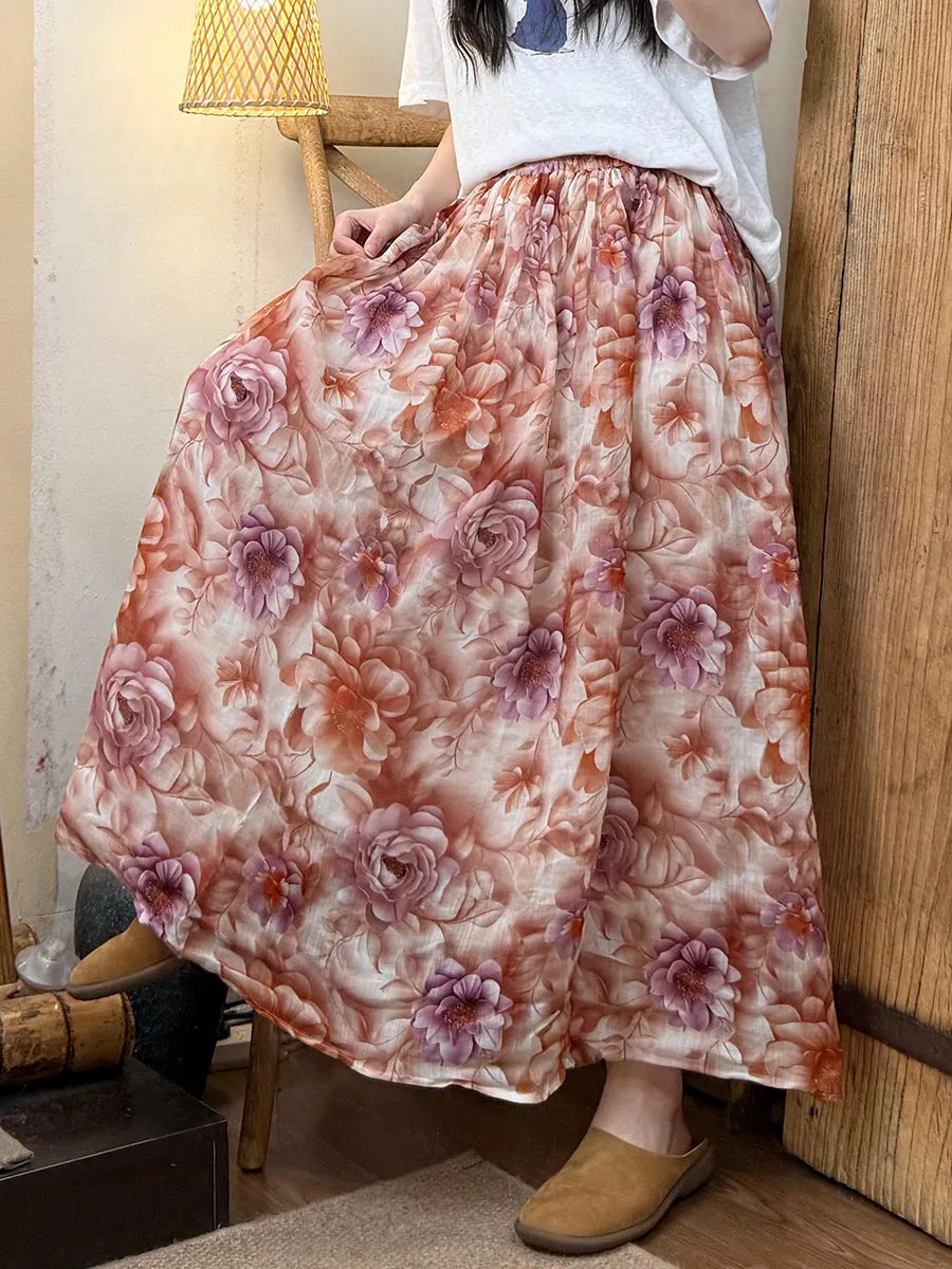Women Summer Vinage Patchwork Ramie Loose Skirt