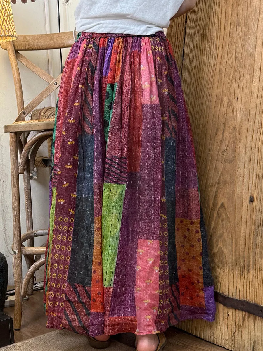 Women Summer Vinage Patchwork Ramie Loose Skirt