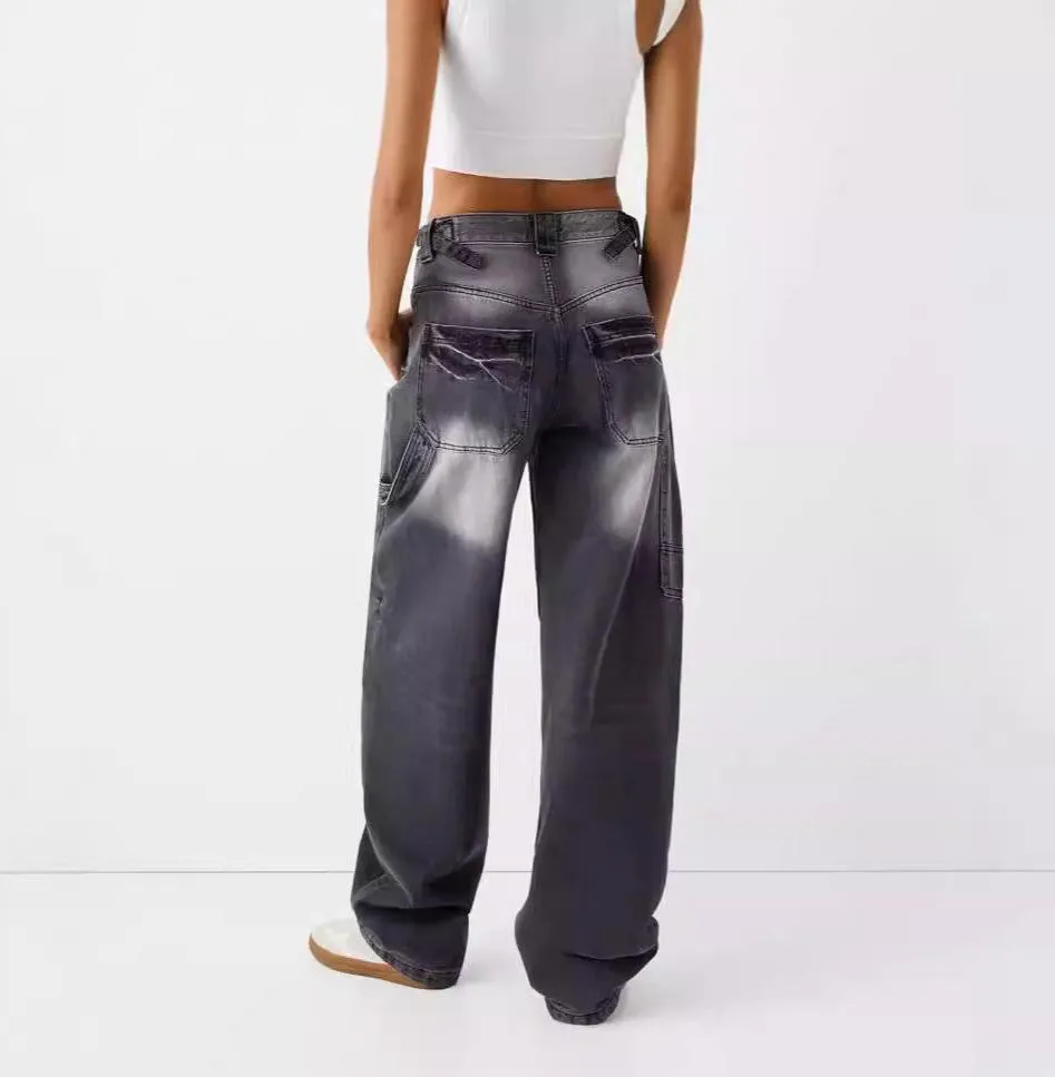 Women Washed Loose Street High Waist Wide Leg Jeans