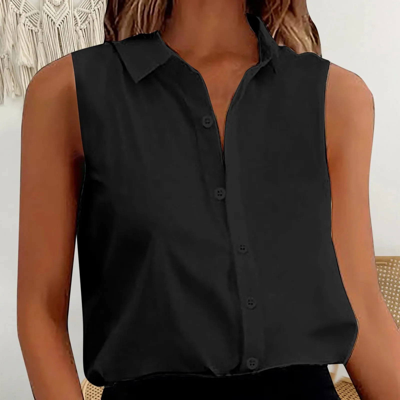 Women's Sleeveless Tank Tops Button Down Shirts Solid Color Casual Loose V Neck Blouse For Work Blouses Female Chiffon Shirts