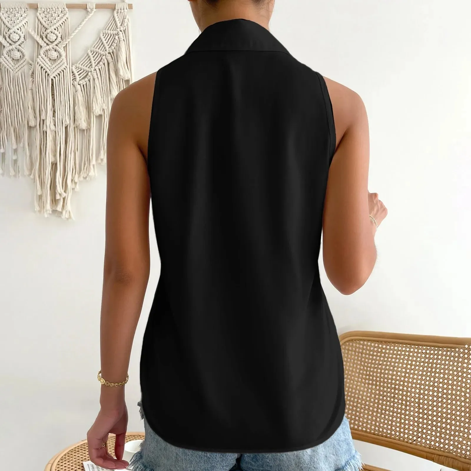 Women's Sleeveless Tank Tops Button Down Shirts Solid Color Casual Loose V Neck Blouse For Work Blouses Female Chiffon Shirts
