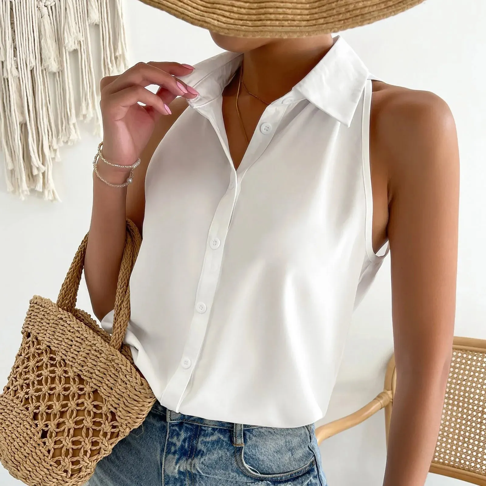 Women's Sleeveless Tank Tops Button Down Shirts Solid Color Casual Loose V Neck Blouse For Work Blouses Female Chiffon Shirts
