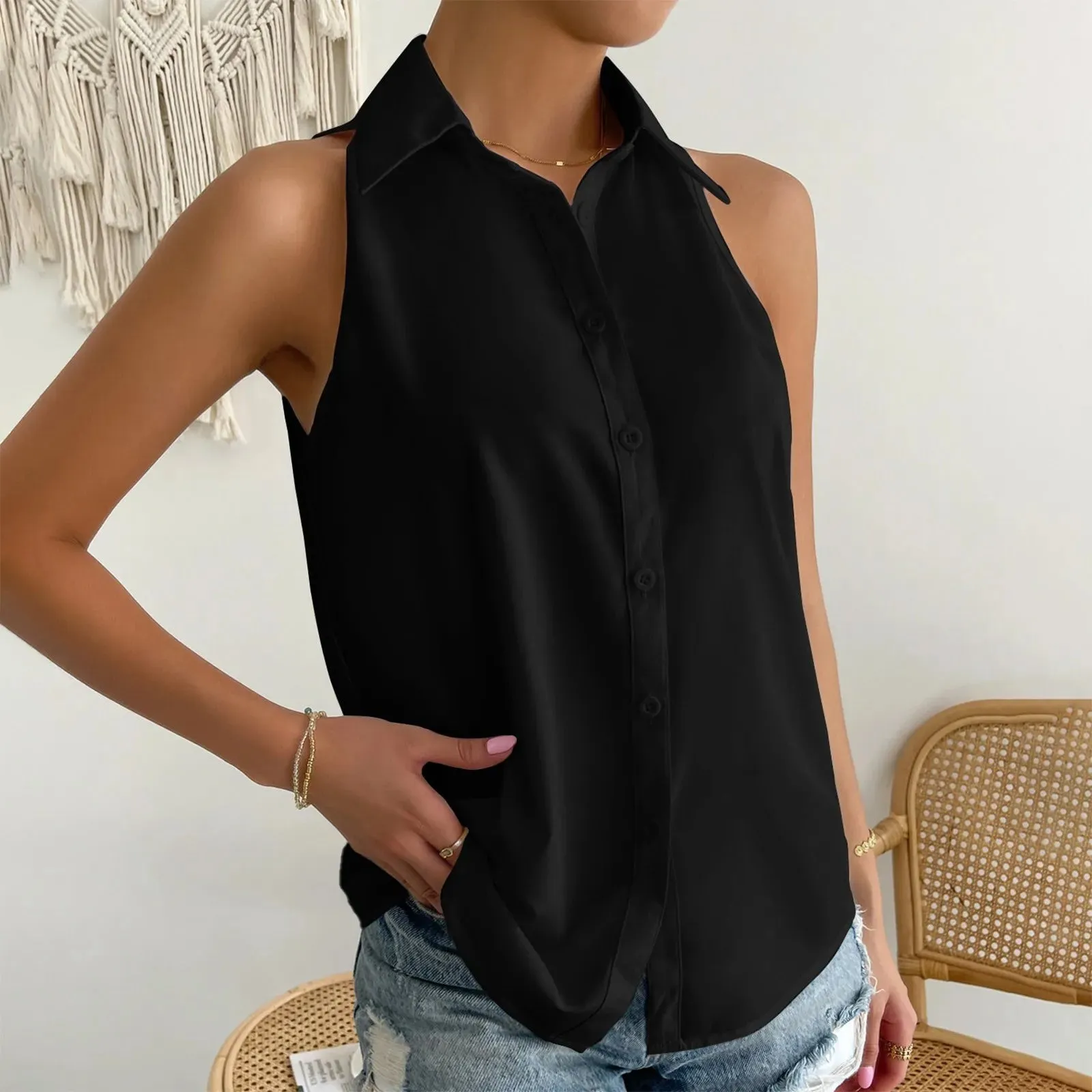 Women's Sleeveless Tank Tops Button Down Shirts Solid Color Casual Loose V Neck Blouse For Work Blouses Female Chiffon Shirts