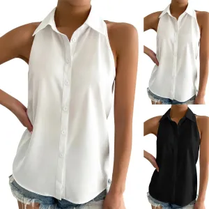 Women's Sleeveless Tank Tops Button Down Shirts Solid Color Casual Loose V Neck Blouse For Work Blouses Female Chiffon Shirts