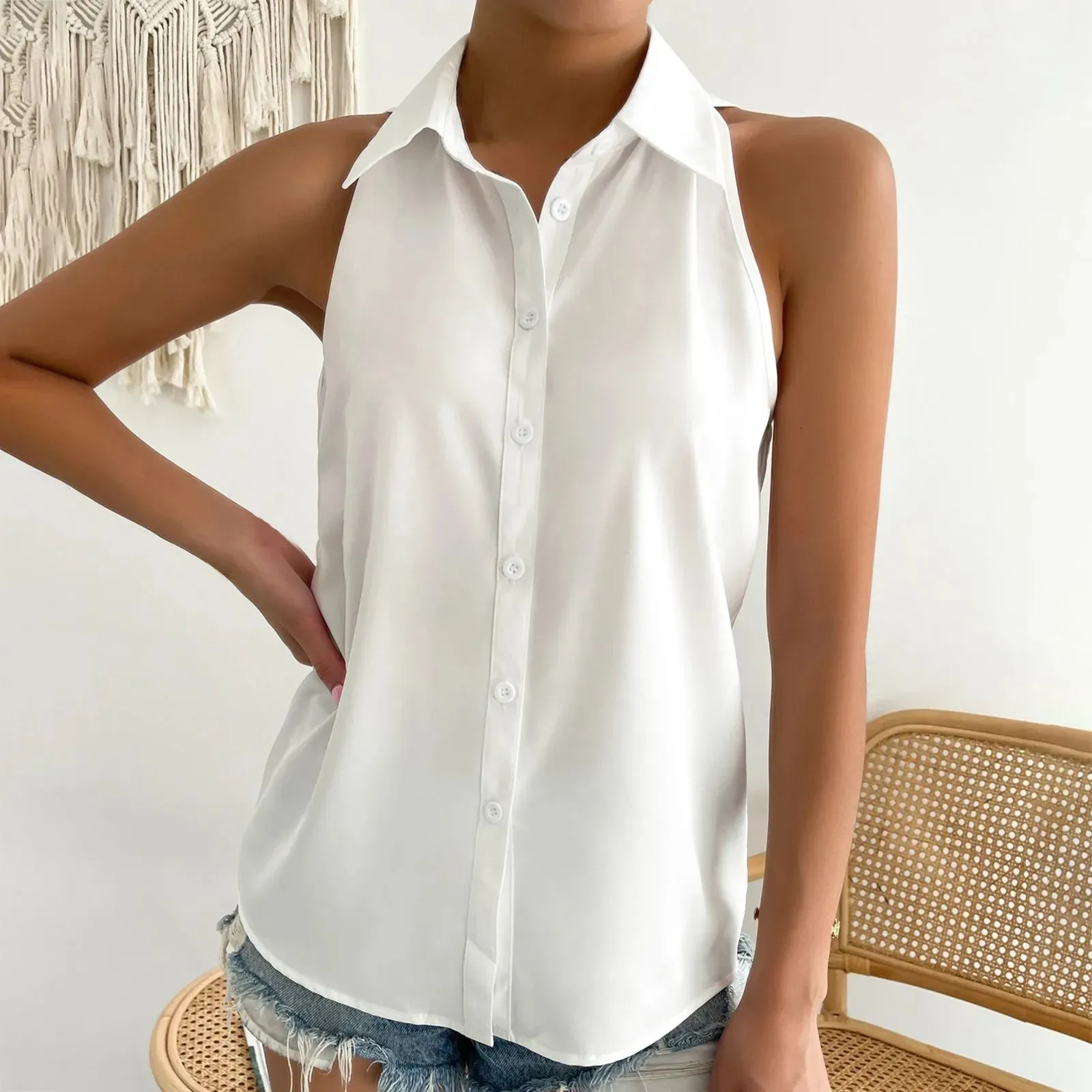 Women's Sleeveless Tank Tops Button Down Shirts Solid Color Casual Loose V Neck Blouse For Work Blouses Female Chiffon Shirts