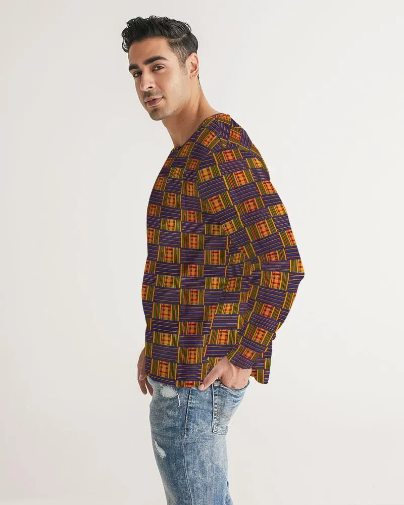 Yellow Blue Kente African Print Men's Long Sleeve Tee
