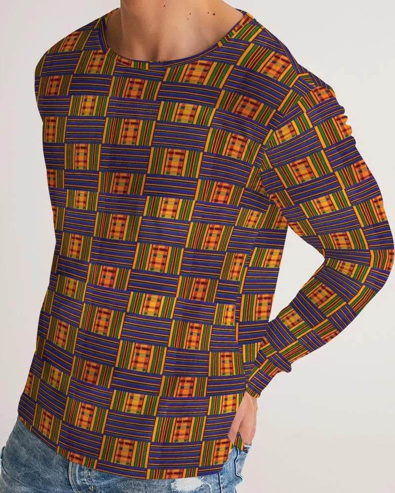 Yellow Blue Kente African Print Men's Long Sleeve Tee