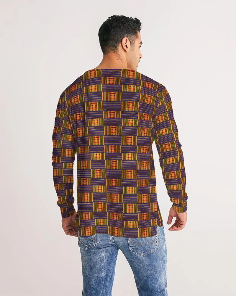 Yellow Blue Kente African Print Men's Long Sleeve Tee