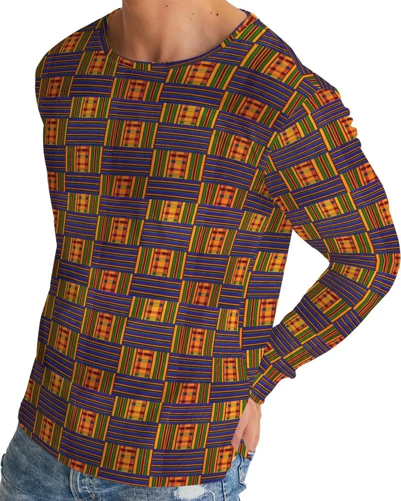 Yellow Blue Kente African Print Men's Long Sleeve Tee