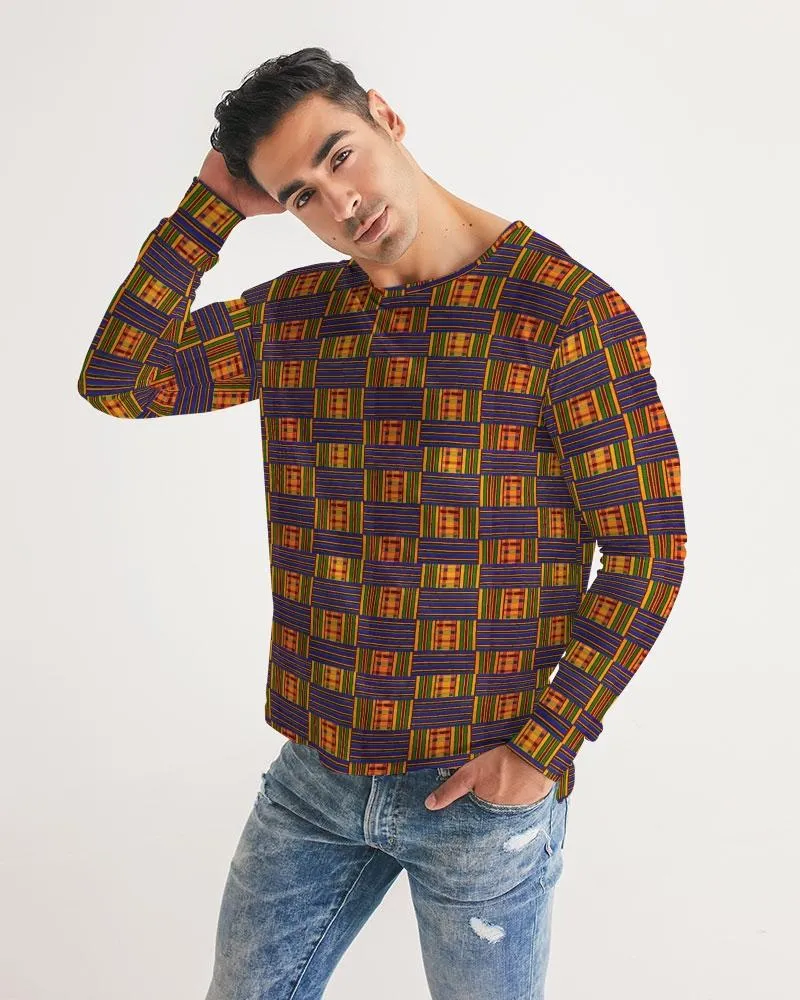 Yellow Blue Kente African Print Men's Long Sleeve Tee