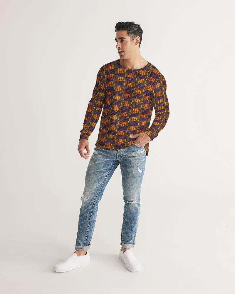 Yellow Blue Kente African Print Men's Long Sleeve Tee