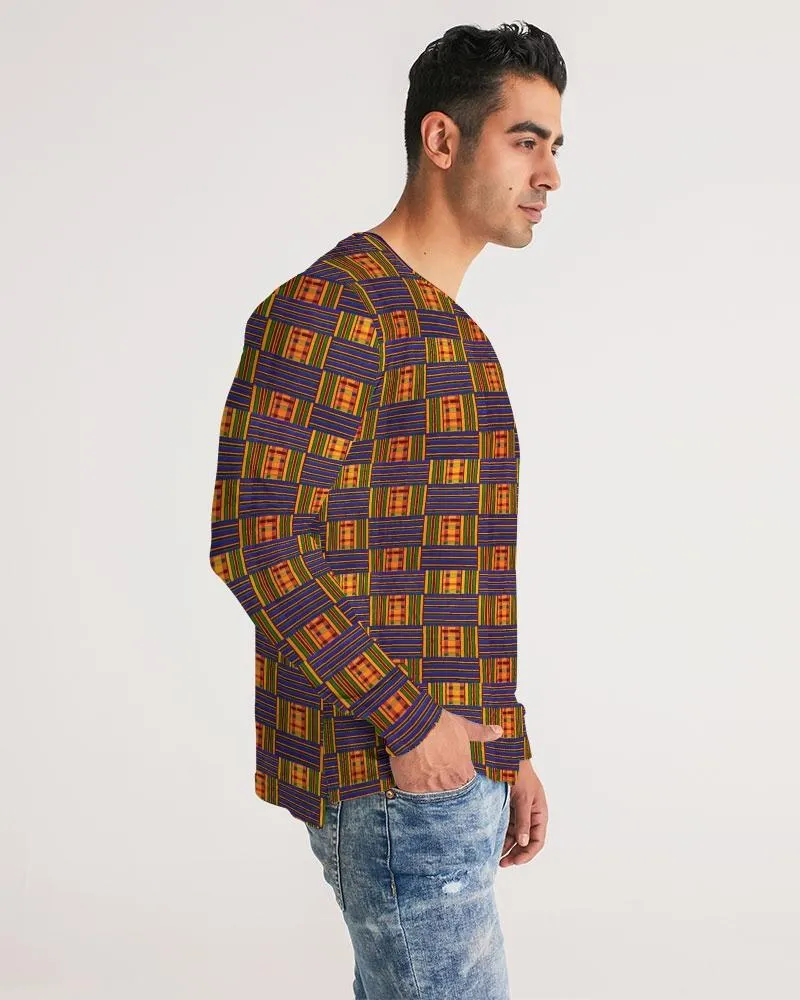 Yellow Blue Kente African Print Men's Long Sleeve Tee